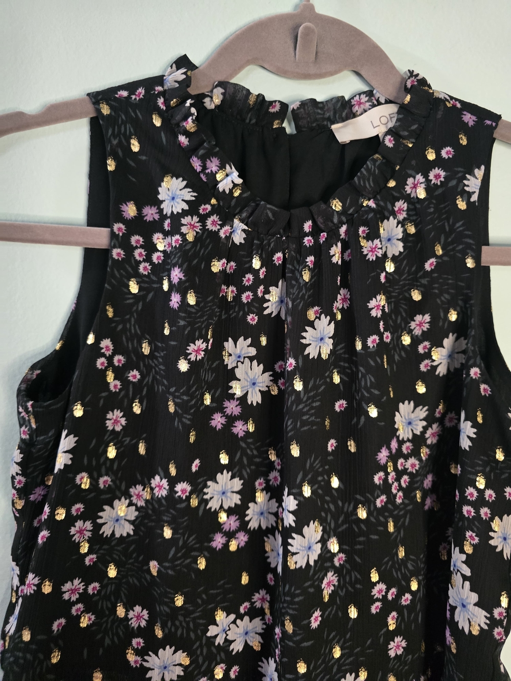LOFT Petites P2XS Black Chiffon Floral Ruffle High Neck Sleeveless Blouse - Picture 5 of 15